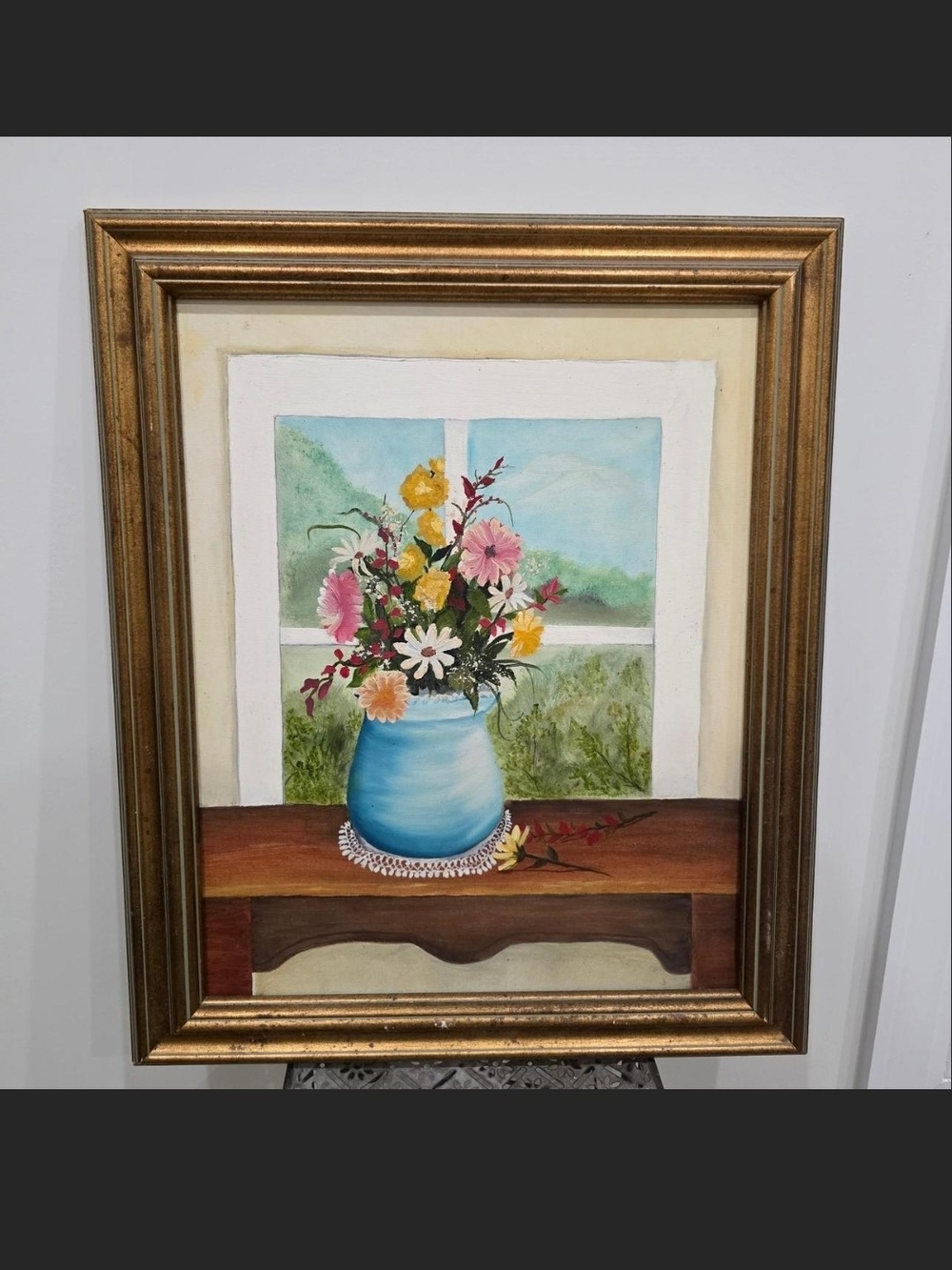 Vintage Framed Floral Oil Painting in Gold Frame - Blue Vase